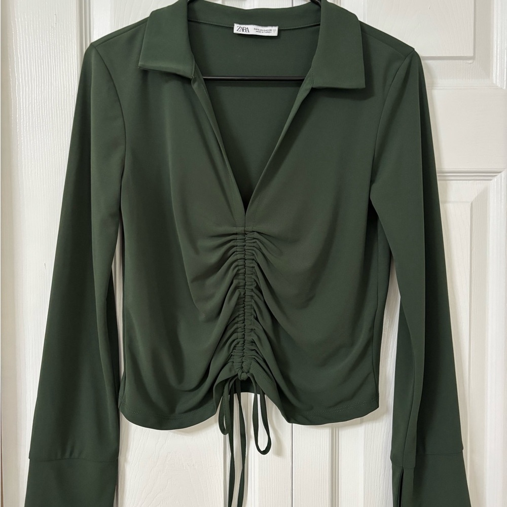 Zara Deep Forest Green Long Sleeve Ruched Blouse with Notched Collar